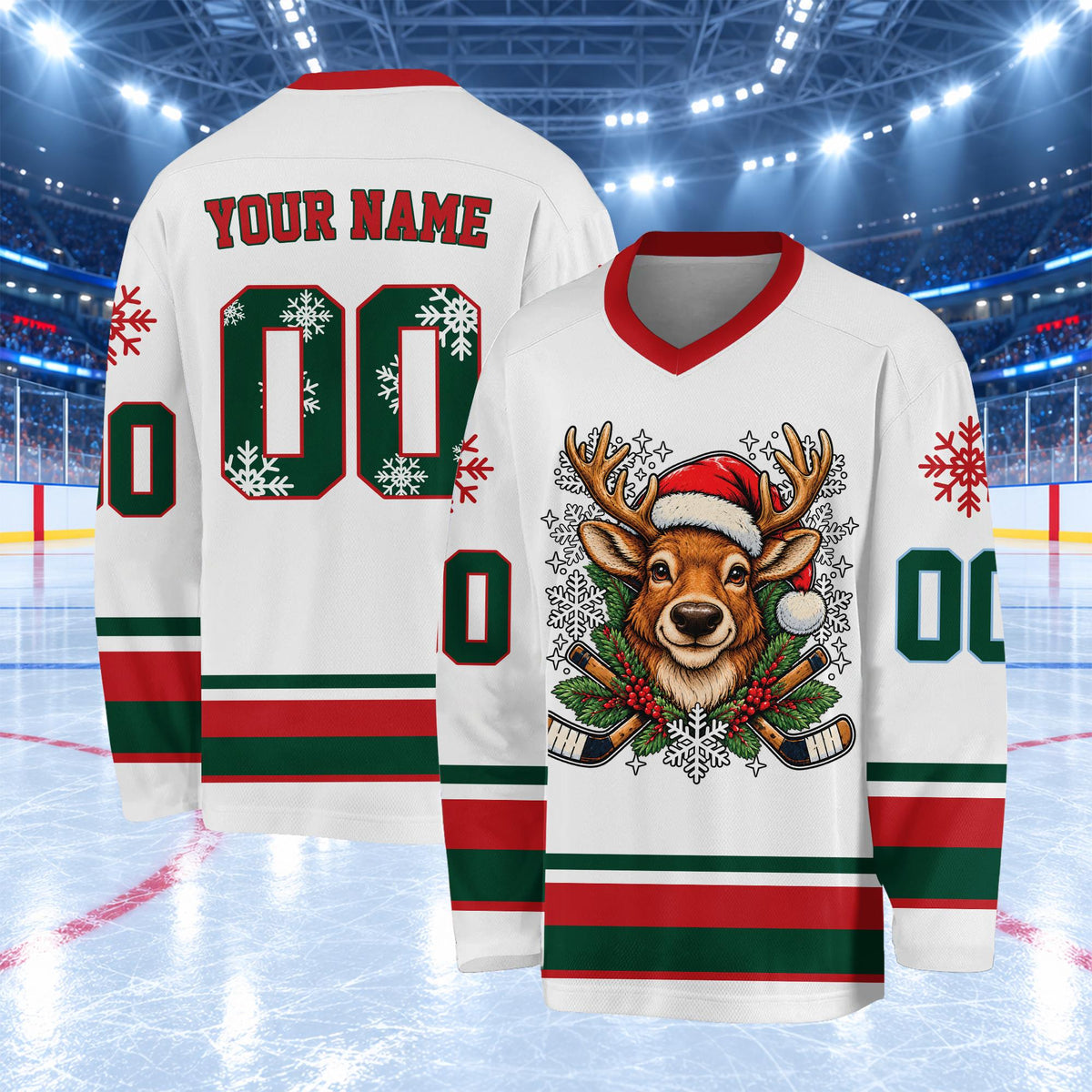 White personalized hockey jersey featuring holiday elements, front view