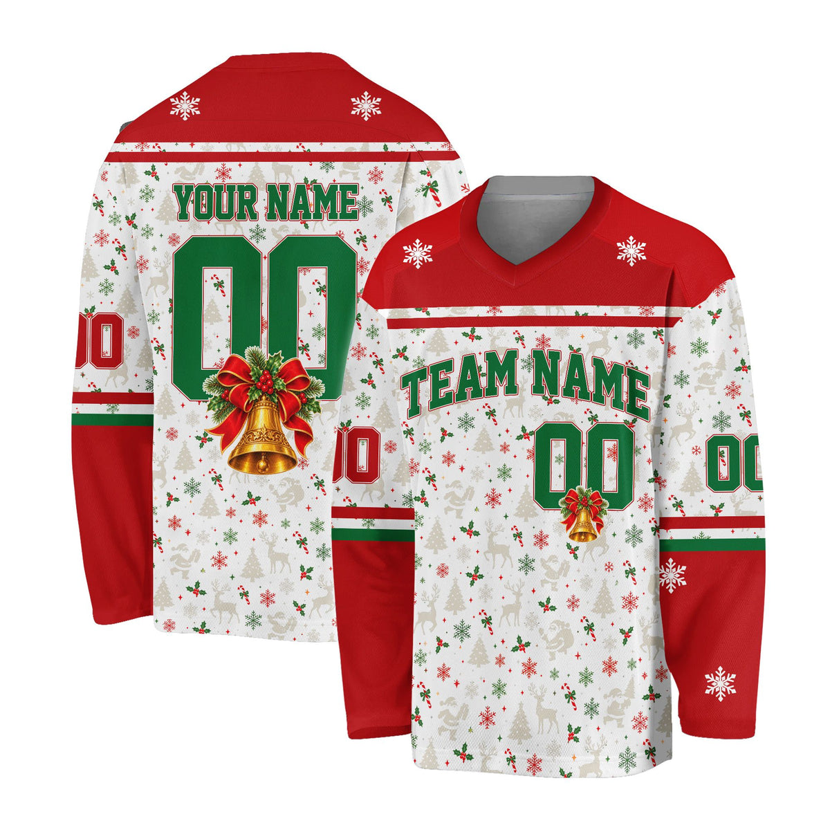 Detailed view of the white holiday hockey jersey
