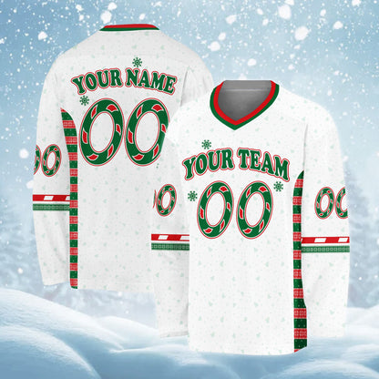 Main view of ugly christmas hockey jersey featuring custom name and number