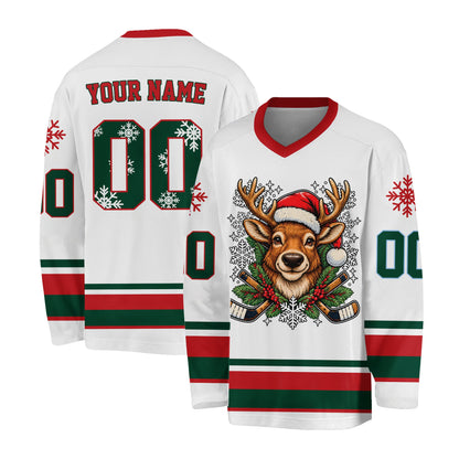 White personalized hockey jersey with festive holiday design, front view