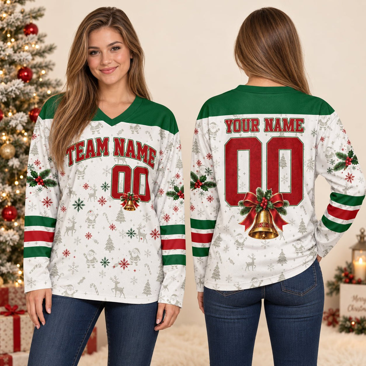 Lifestyle view of adult wearing personalized hockey jersey with Christmas pattern