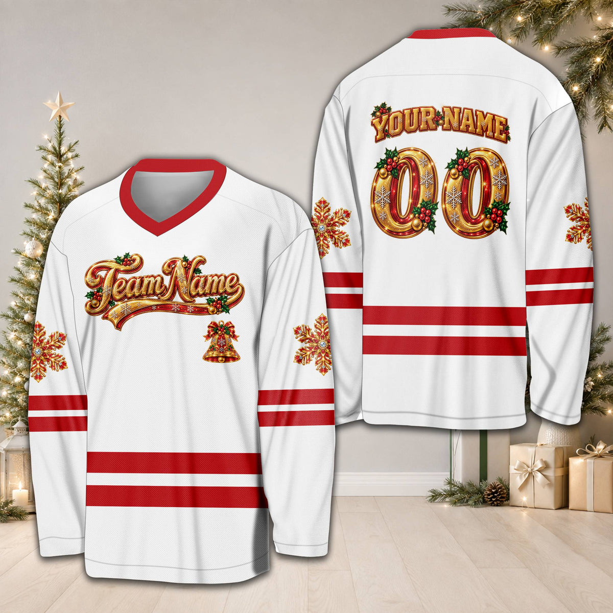Front view of the personalized black christmas hockey jersey featuring festive text and bells