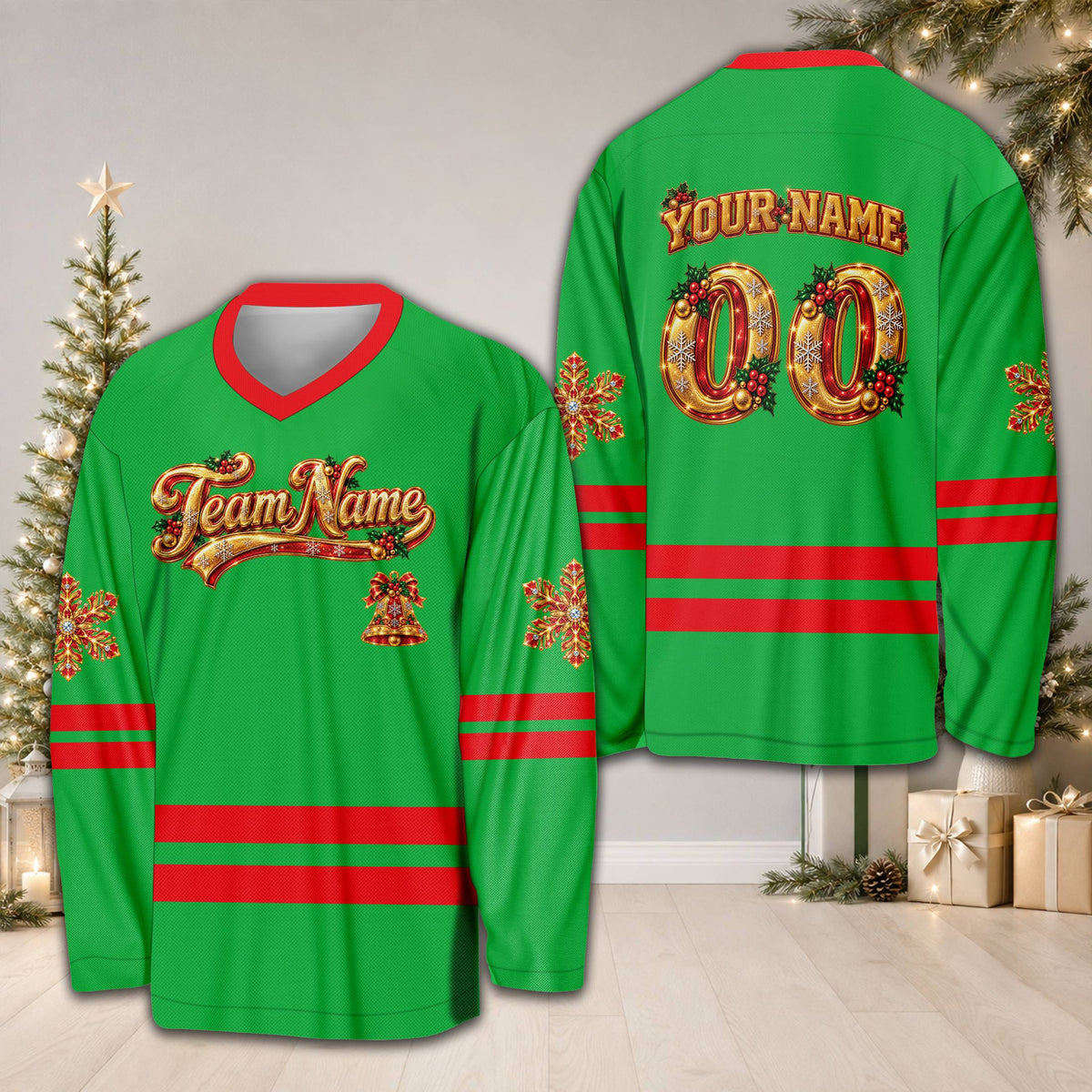 Detailed front view of the black christmas hockey jersey with holiday script font