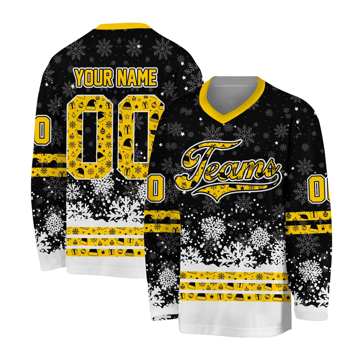 Yellow personalized christmas hockey jersey, front view
