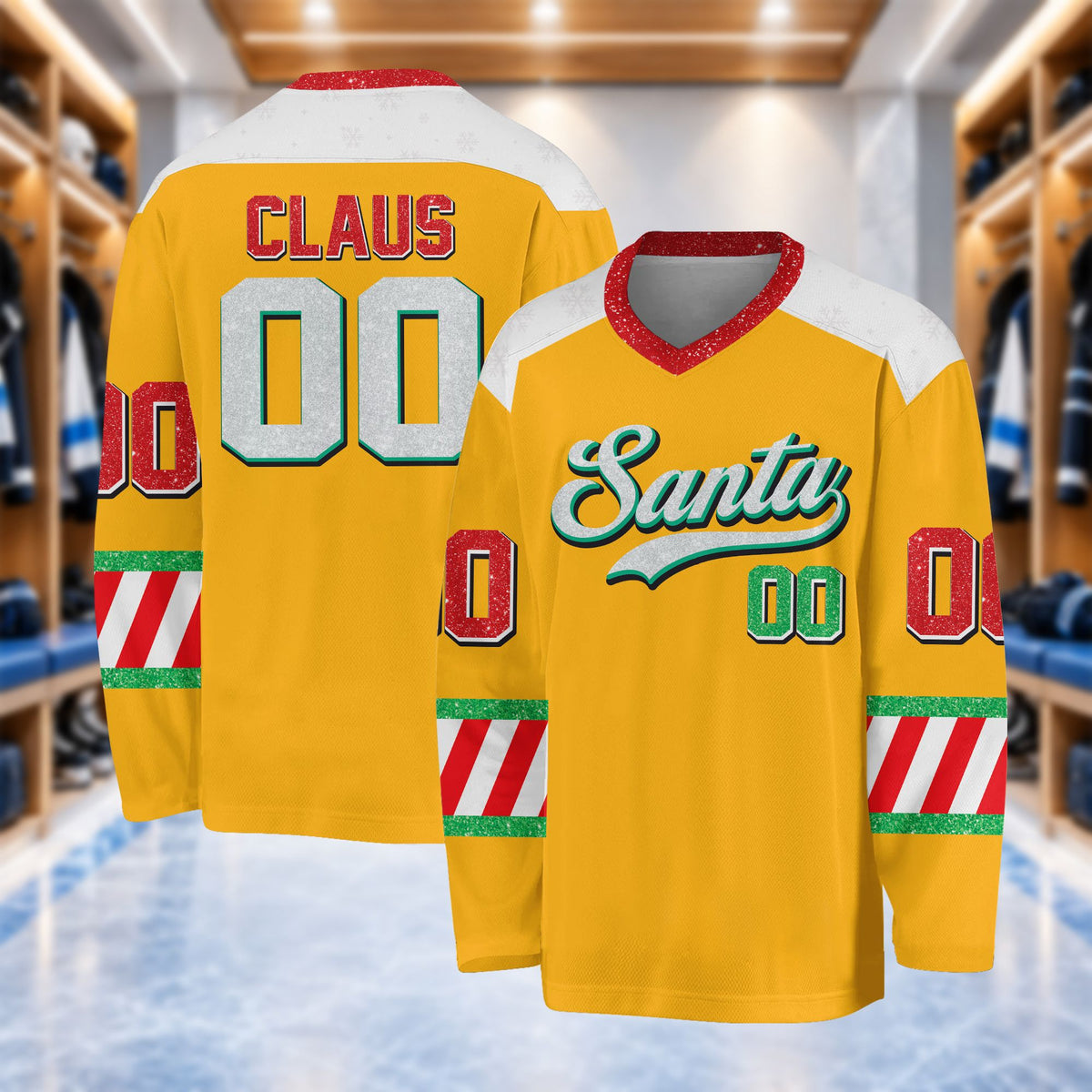 Another front view of the yellow custom hockey jersey with Santa Christmas design