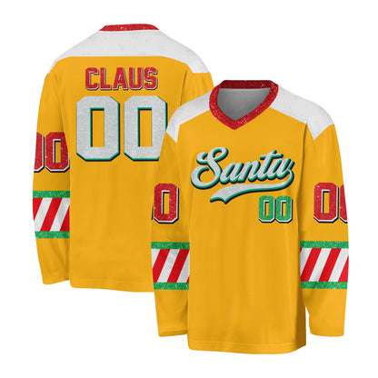 Close up front view of the yellow custom hockey jersey with Santa Christmas design