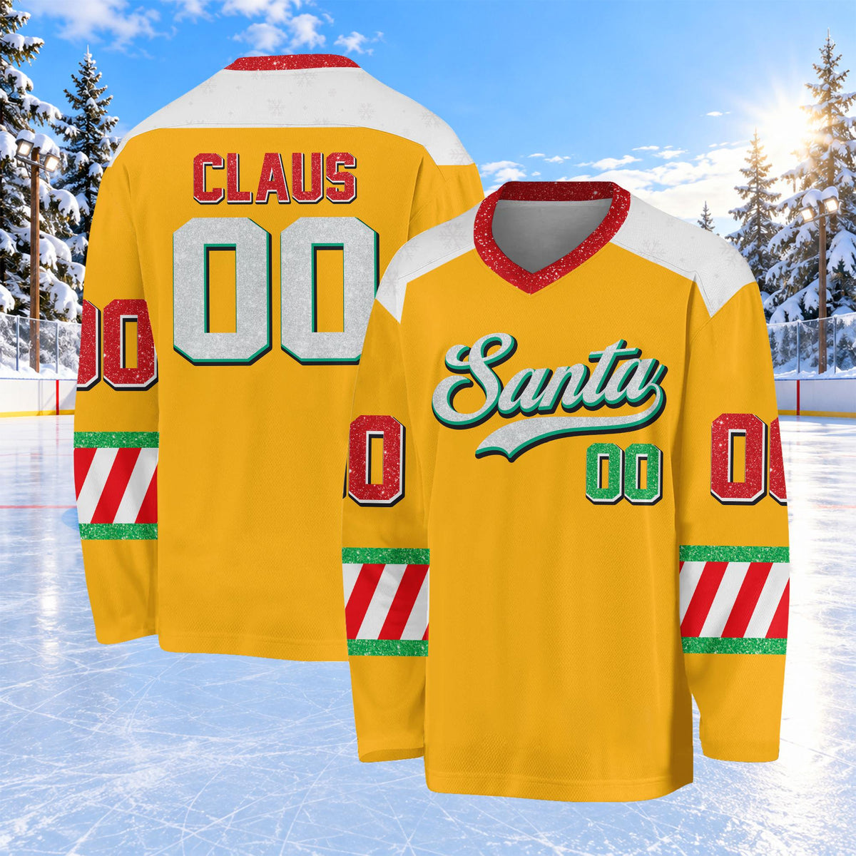 Front view of the yellow custom hockey jersey with Santa Christmas design