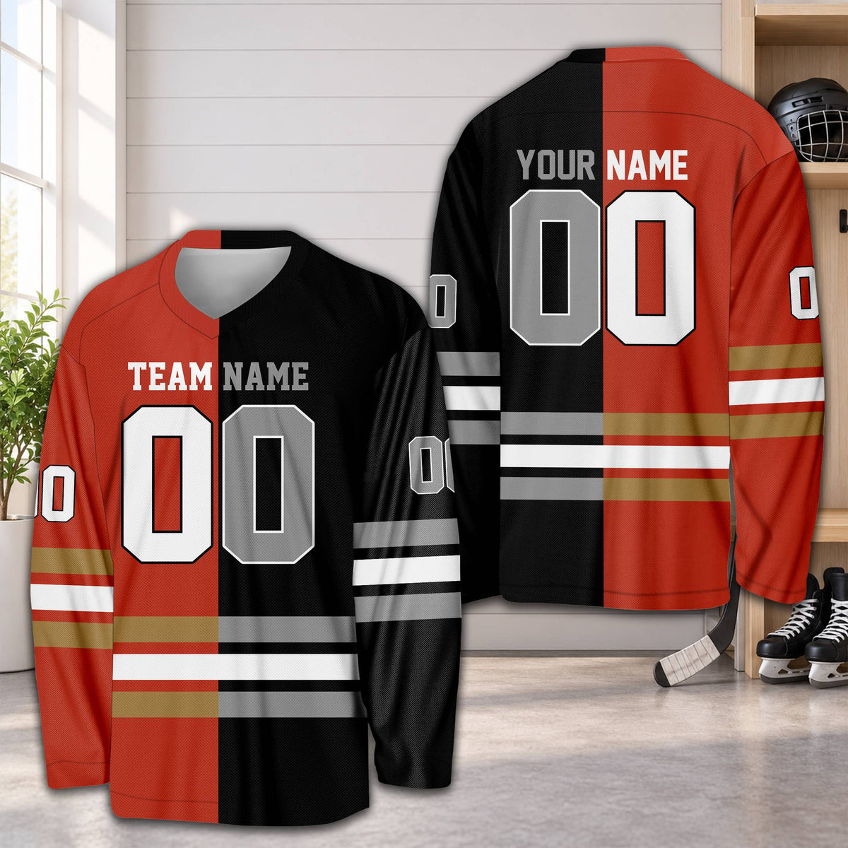 Personalized black and white colorblock hockey jersey, front view