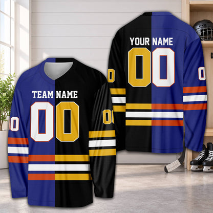 Personalized black and colored colorblock hockey jersey, alternate front view
