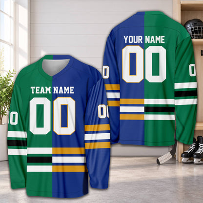 Personalized green colorblock hockey jersey, front view