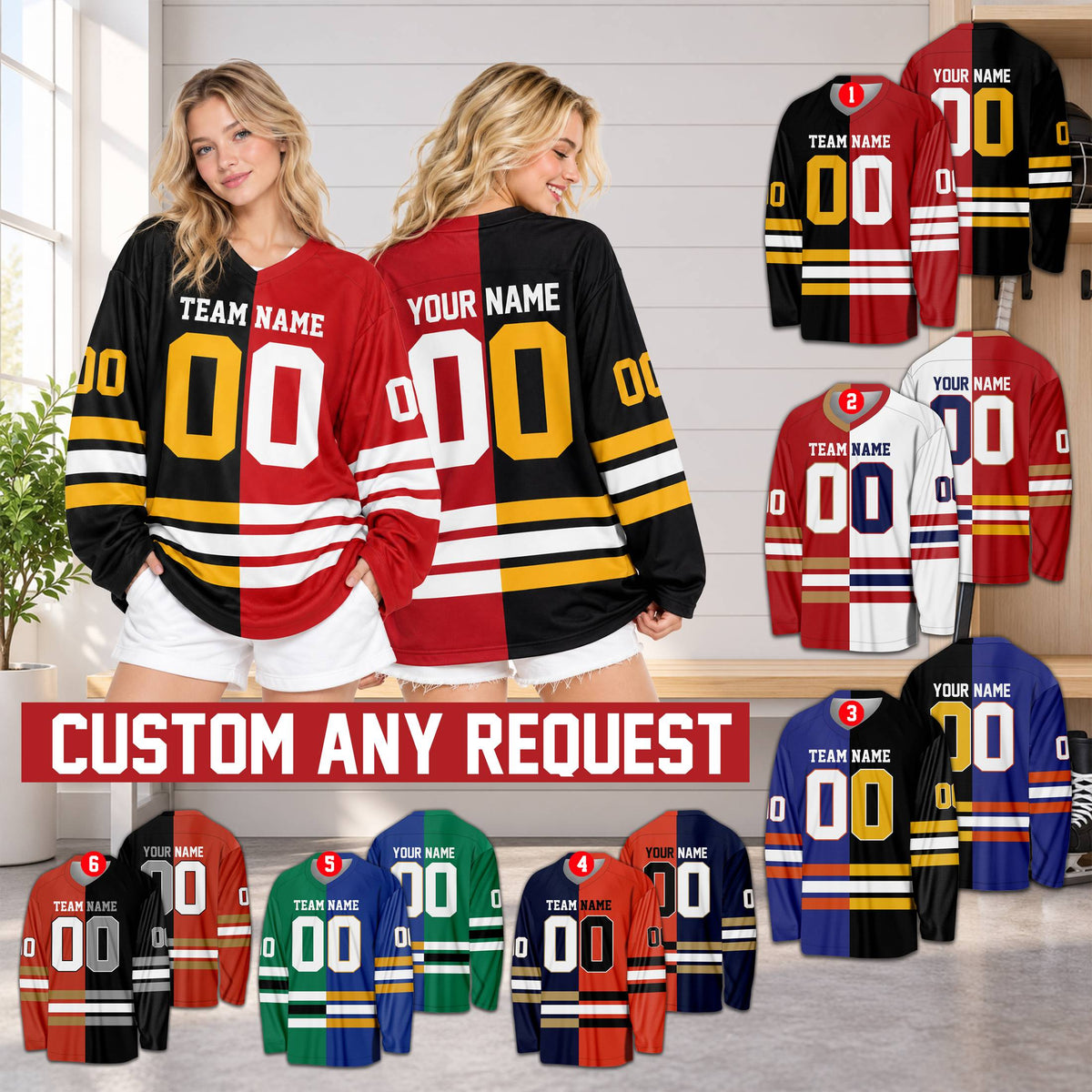 Lifestyle view of an adult wearing the personalized colorblock hockey jersey