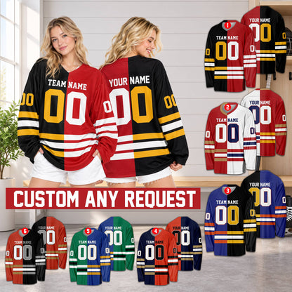 Lifestyle view of an adult wearing the personalized colorblock hockey jersey