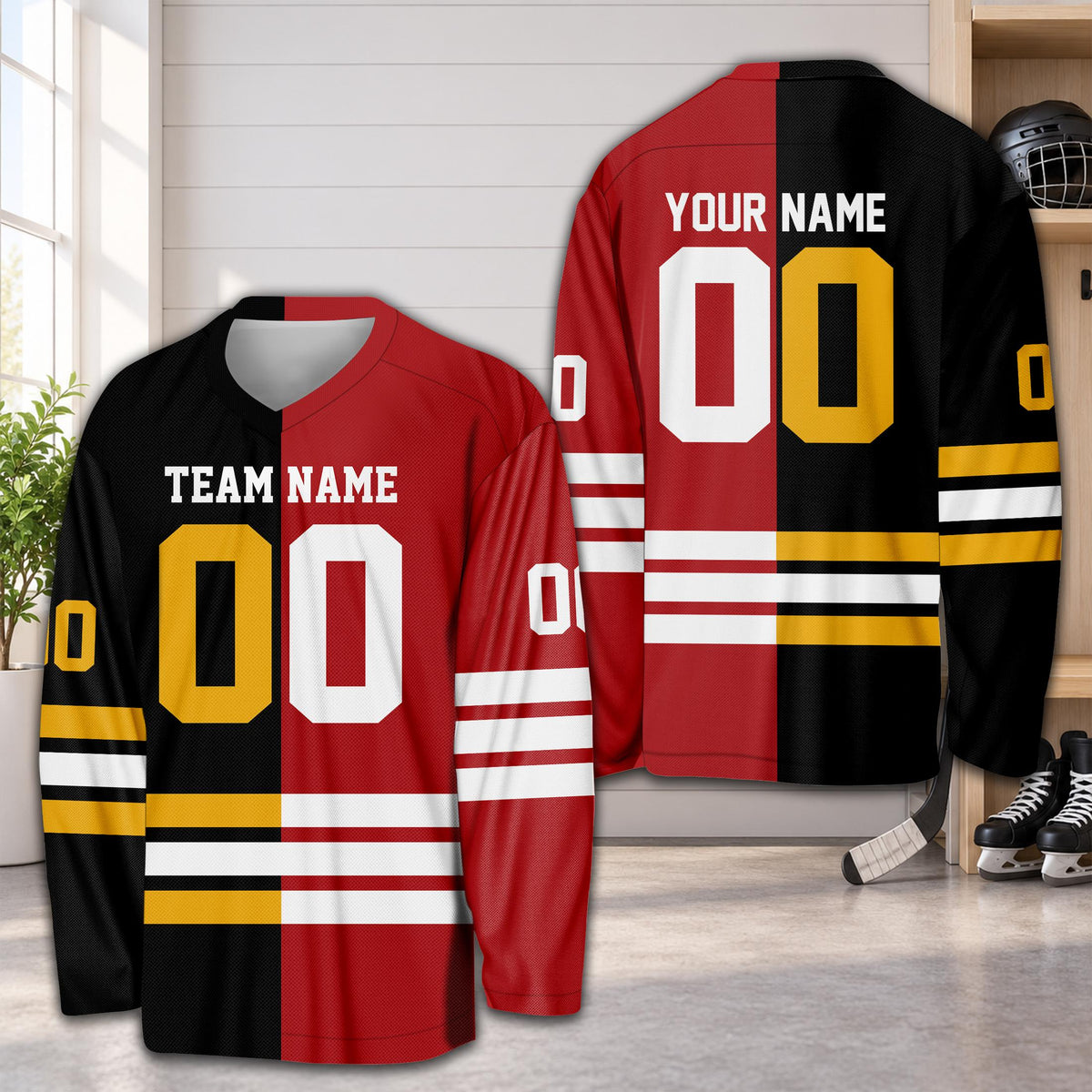 Personalized multicolor colorblock hockey jersey showing custom name and number on the back