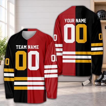 Personalized multicolor colorblock hockey jersey showing custom name and number on the back