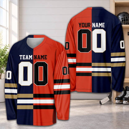 Personalized multicolor colorblock hockey jersey featuring a split-color design, front view
