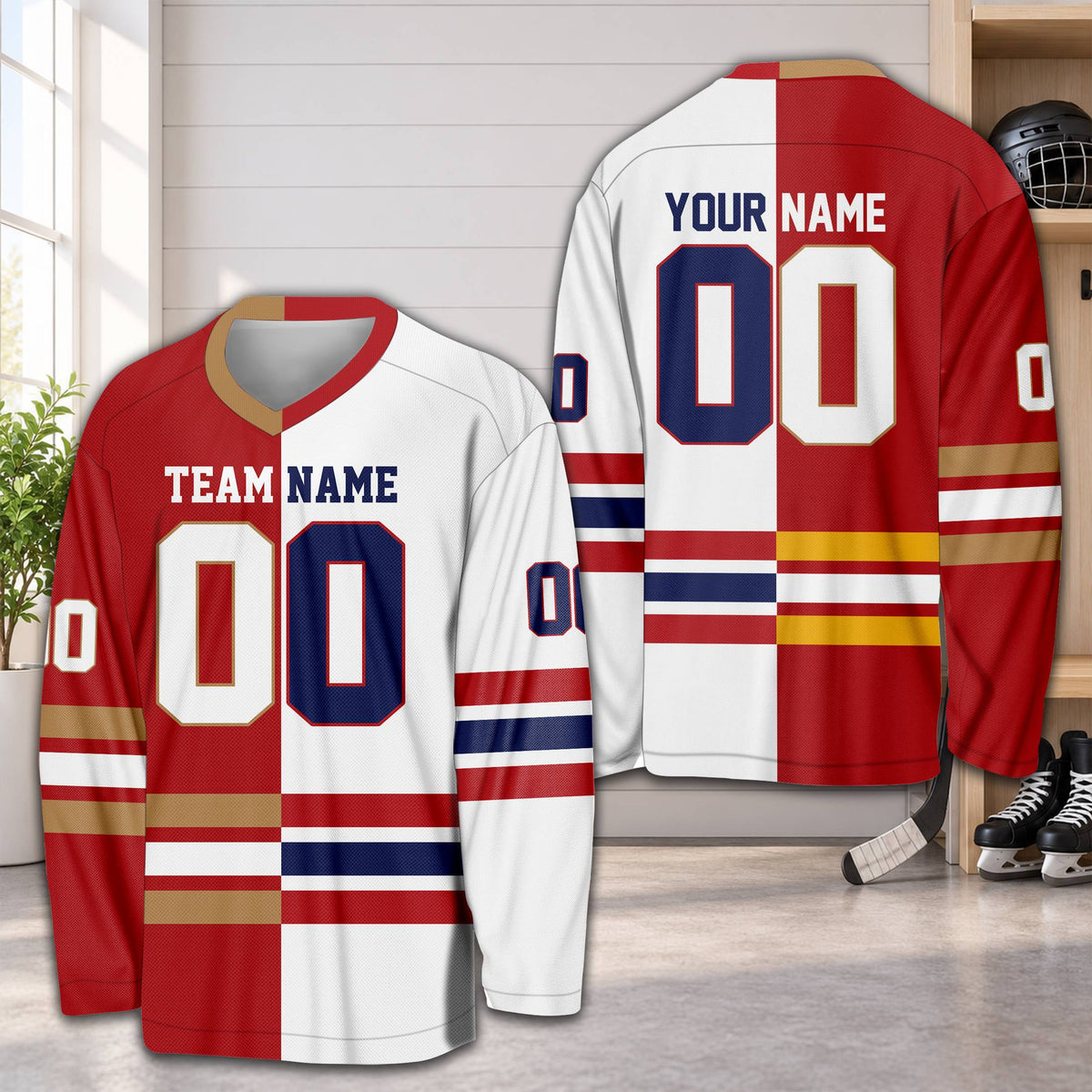 Personalized white and colored colorblock hockey jersey, front view