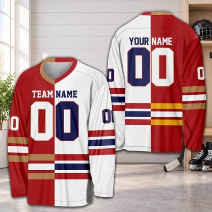 Personalized white and colored colorblock hockey jersey, front view