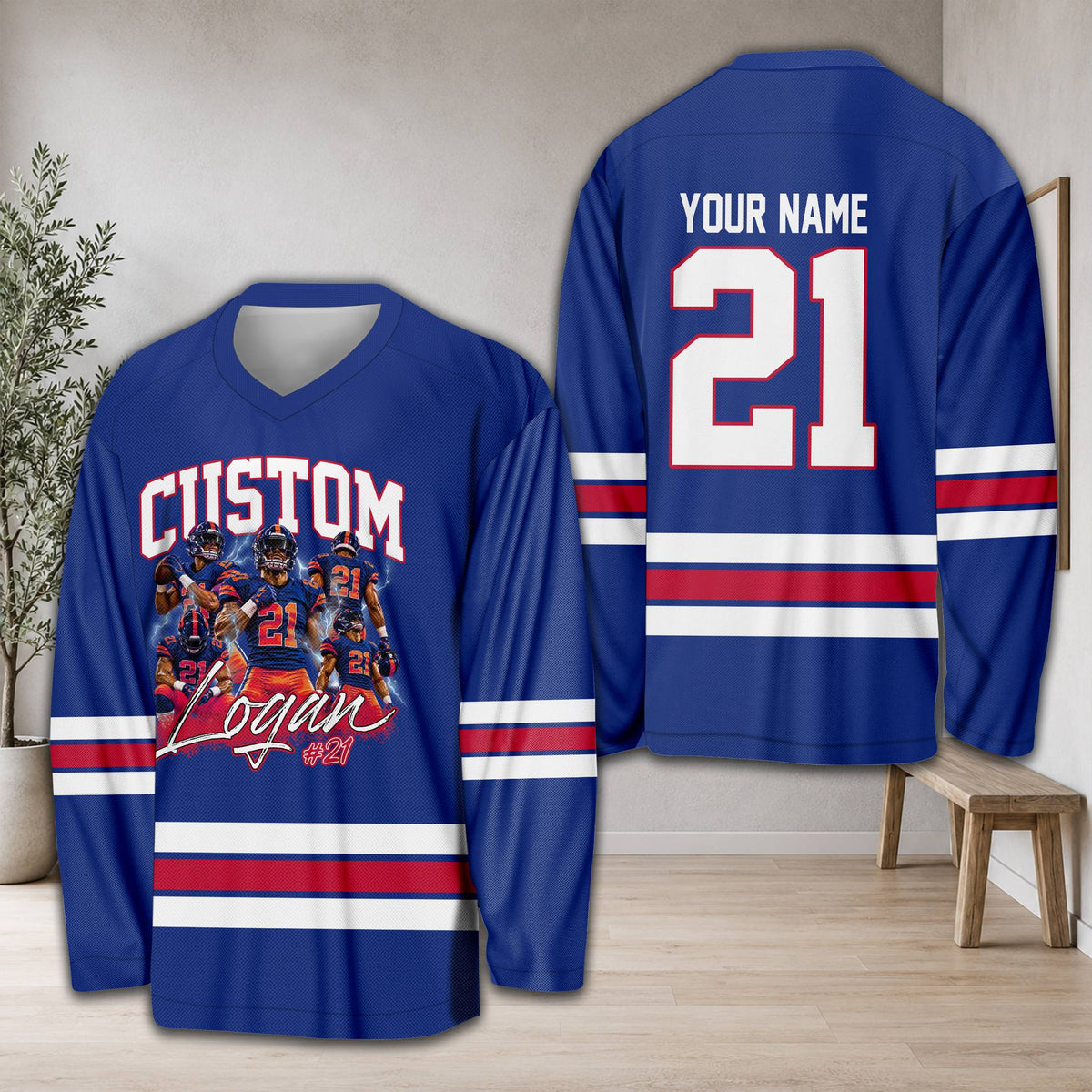 Front view of the custom hockey jersey in blue, showing the American football graphic and personalization