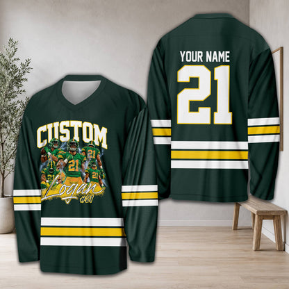 Front view of the stripes hockey jersey in green, with custom name and number details