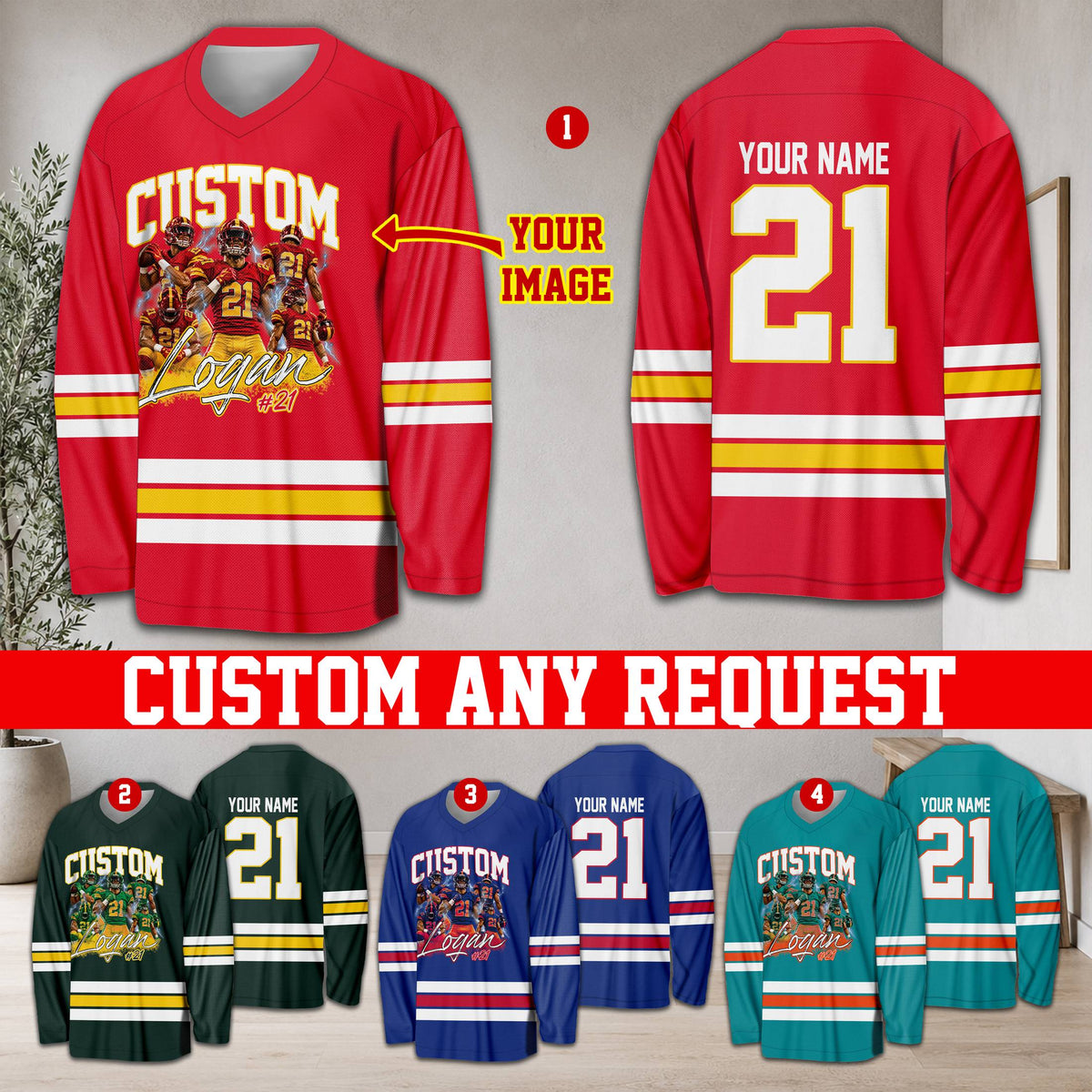 Front view of the personalized hockey jersey in red, showcasing the v-neck and long sleeves