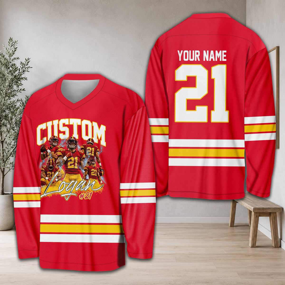 Additional front view of the red football hockey jersey highlighting the lower body horizontal stripes