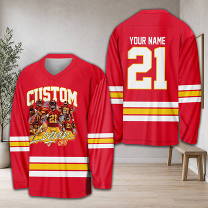 Additional front view of the red football hockey jersey highlighting the lower body horizontal stripes