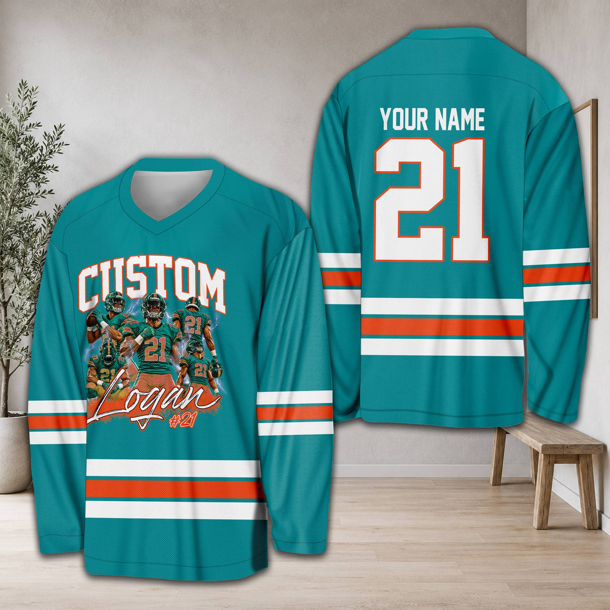 Red football hockey jersey with custom name and number, featuring an American football and lightning bolt graphic, front view in teal