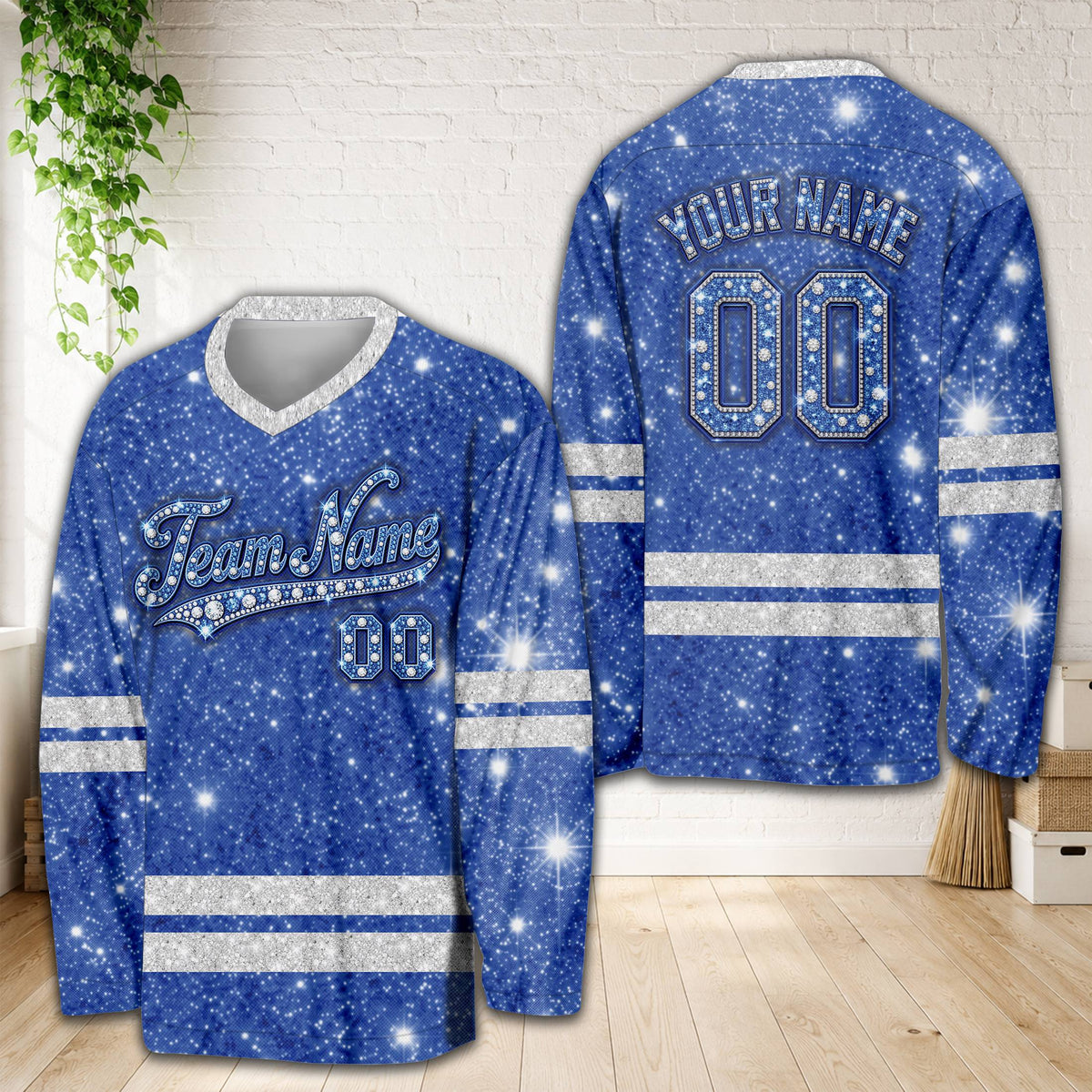 Glitter diamond hockey jersey with personalized text in blue, front view