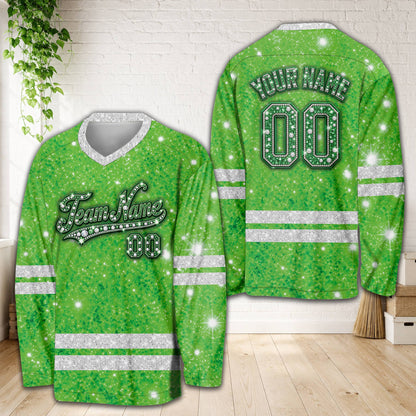 Personalized glitter diamond hockey jersey in green, front view