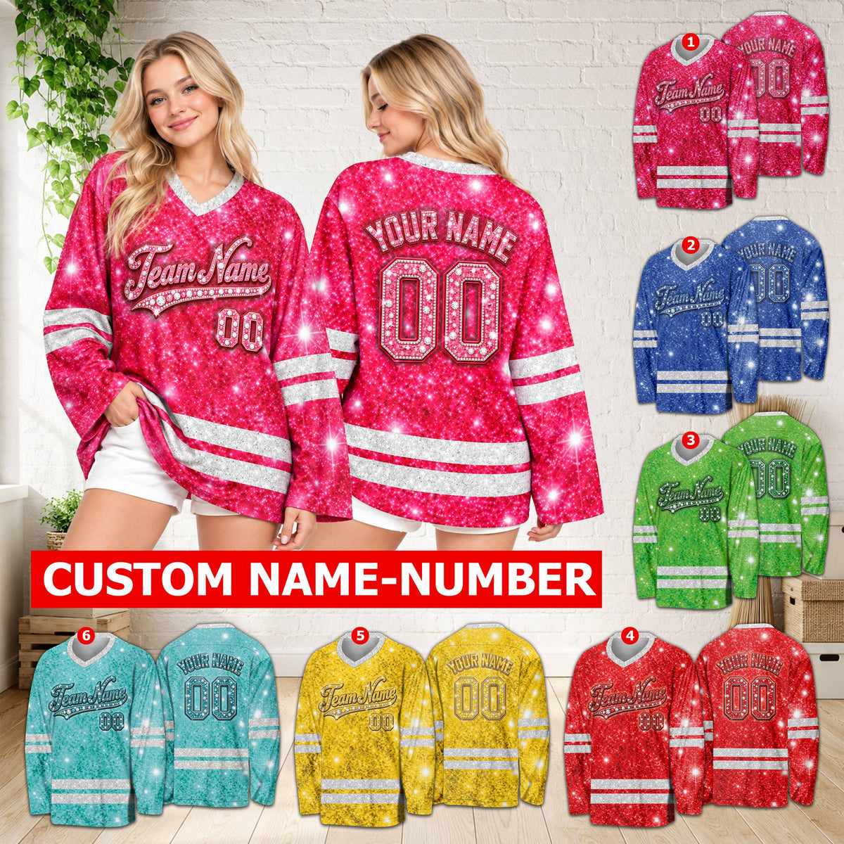 Lifestyle view of someone wearing a personalized glitter diamond hockey jersey