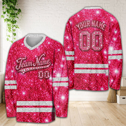 Personalized glitter diamond hockey jersey in pink, front view
