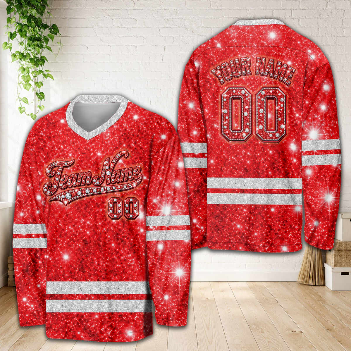 Personalized glitter diamond hockey jersey in red, front view