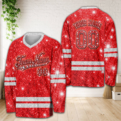 Personalized glitter diamond hockey jersey in red, front view