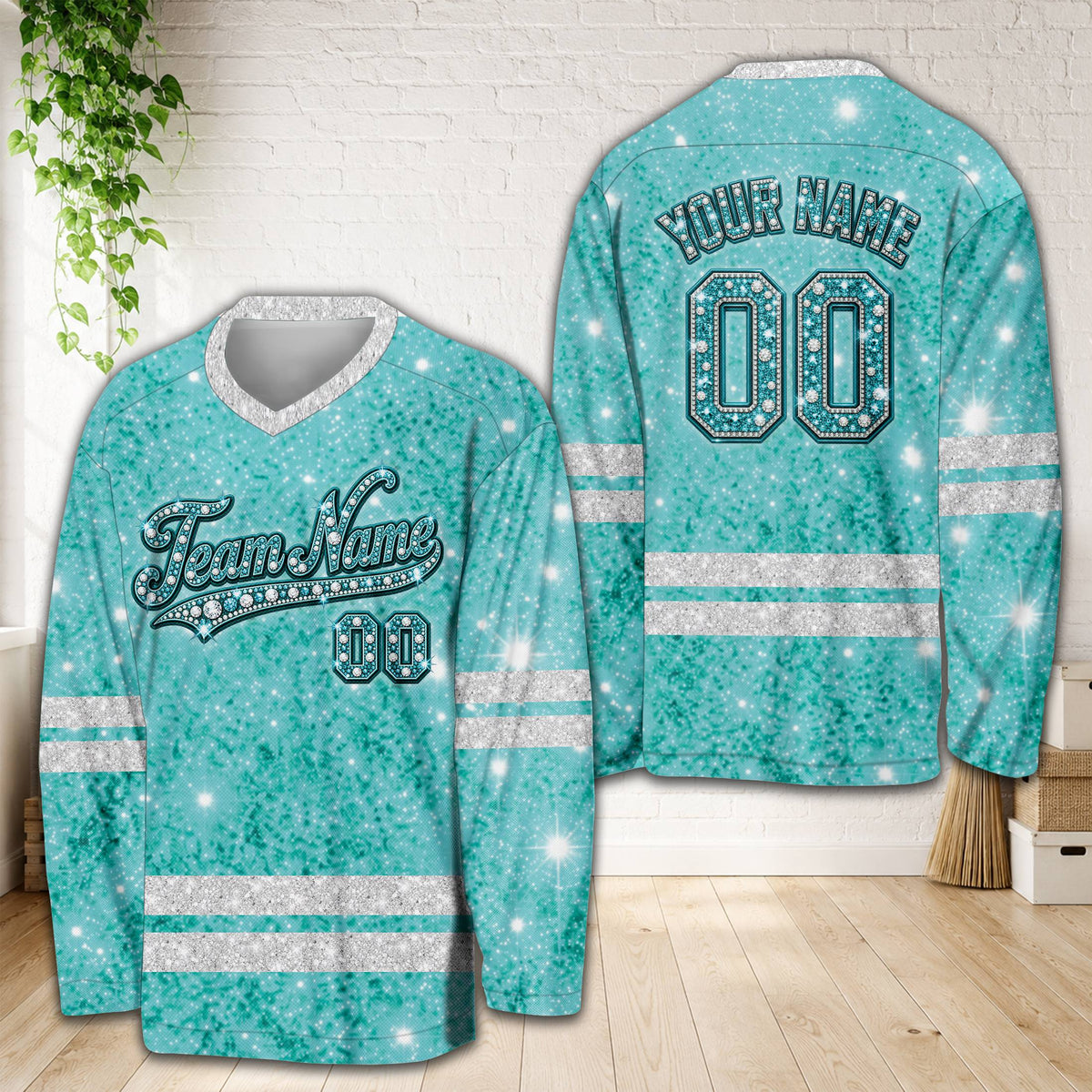 Personalized glitter diamond hockey jersey in teal, front view