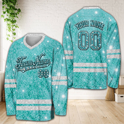 Personalized glitter diamond hockey jersey in teal, front view