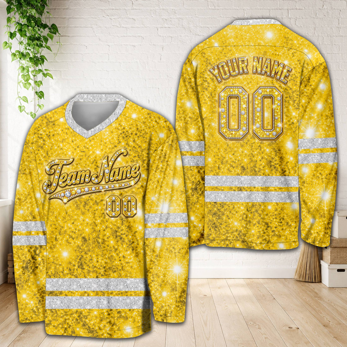 Yellow custom hockey jersey showing custom name and number on the back