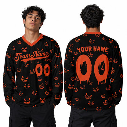 Black and orange custom hockey jersey featuring dripping text and pumpkin faces, front view