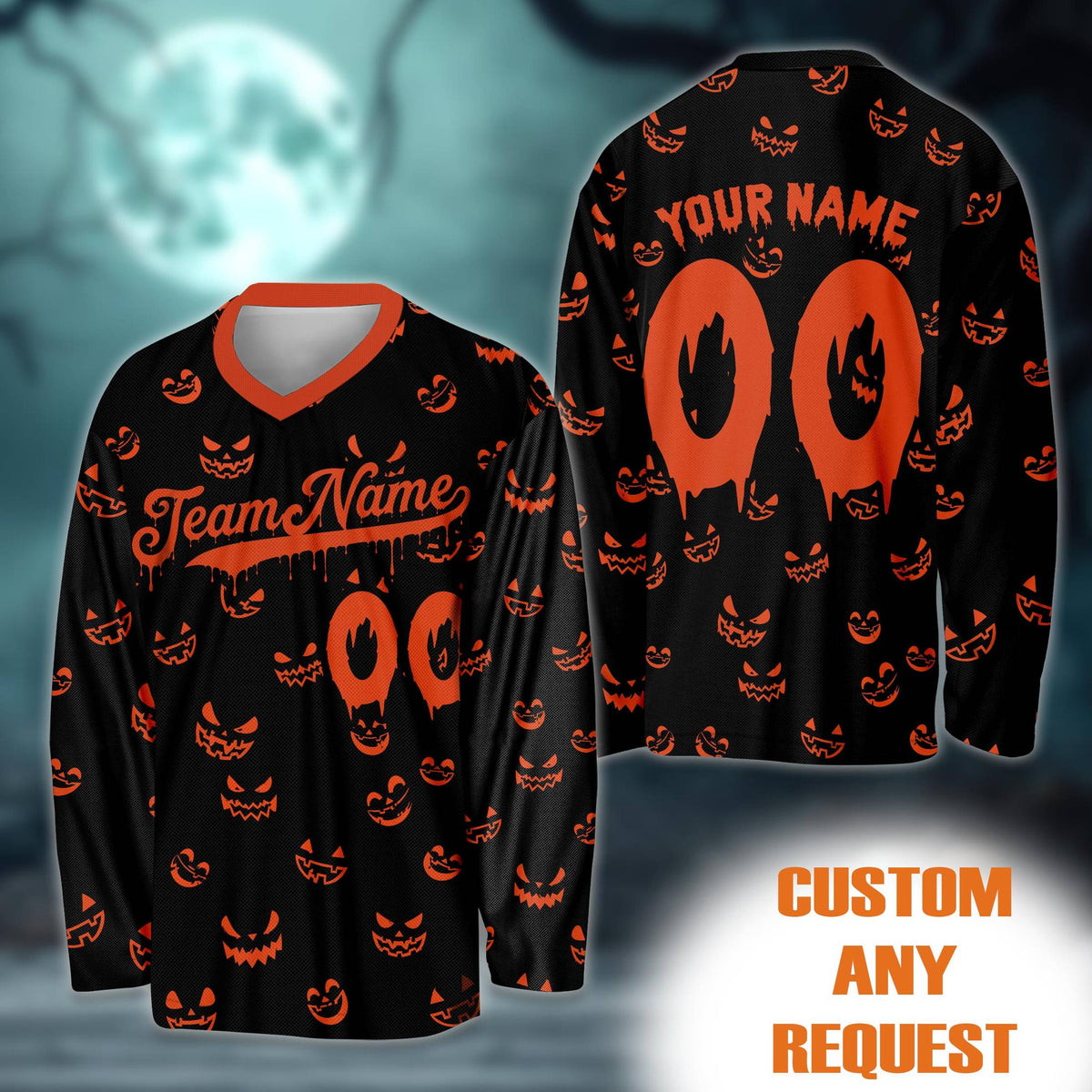 Additional front view of the Halloween hockey jersey showing the custom name and dripping number