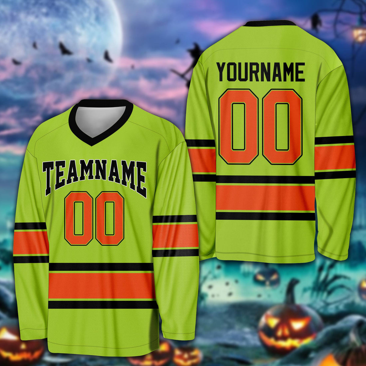 Green custom name hockey jersey with Halloween stripes, front view