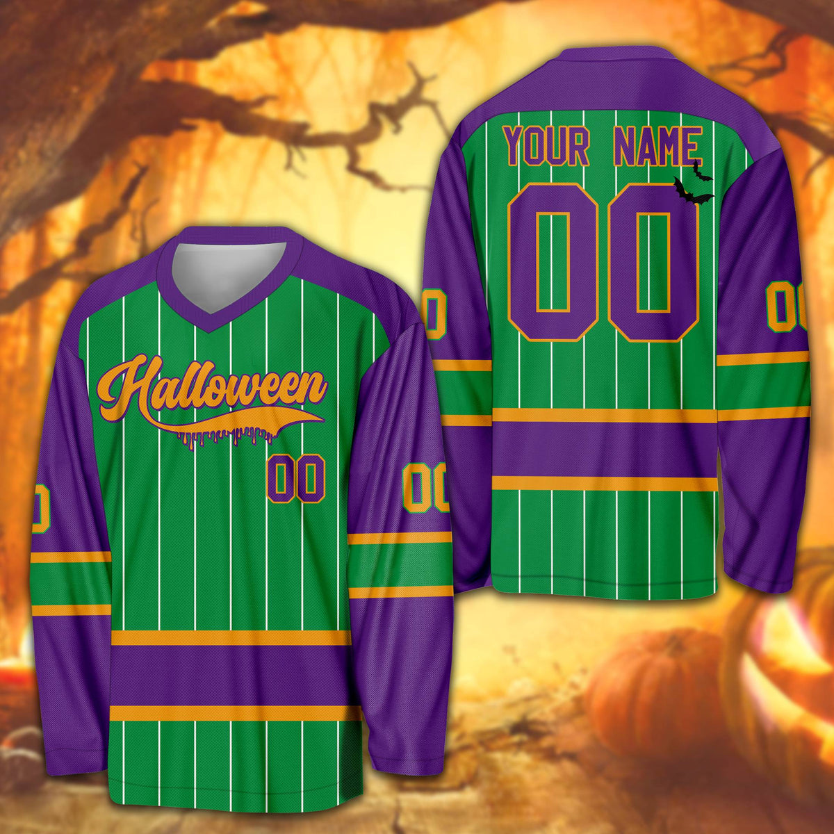 Green Halloween custom hockey jersey showing front script design