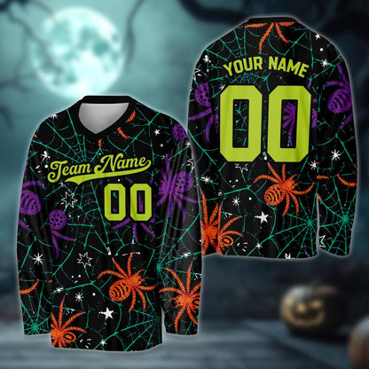 Detailed front view of the halloween hockey jersey showing the bright spider web pattern