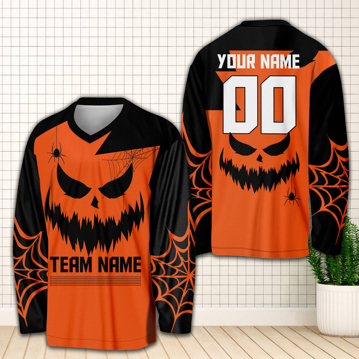Personalized field hockey goalie jersey with Halloween jack-o'-lantern design, custom name and number, front view