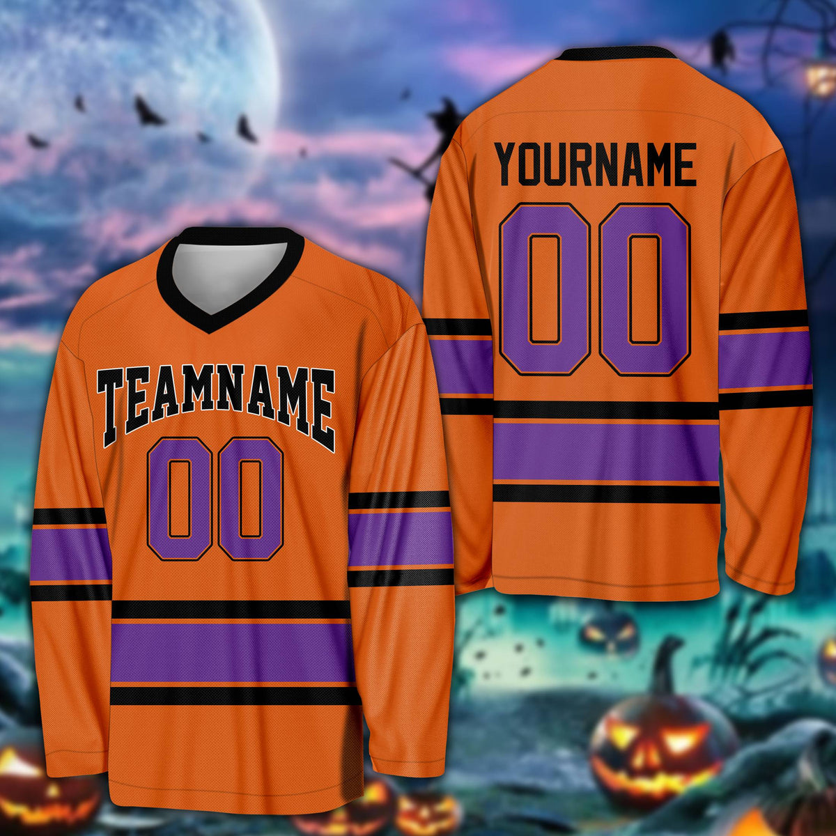 Orange Halloween striped custom hockey jersey with personalized details, main view