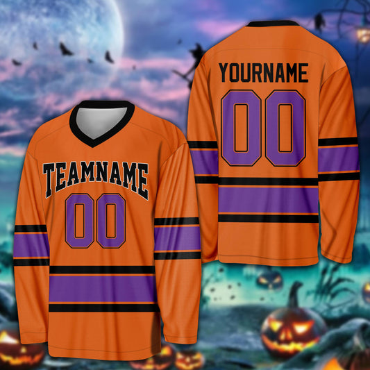 Orange Halloween striped custom hockey jersey with personalized details, main view