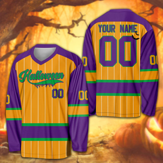 Custom name and number hockey jersey in orange with Halloween design, front view