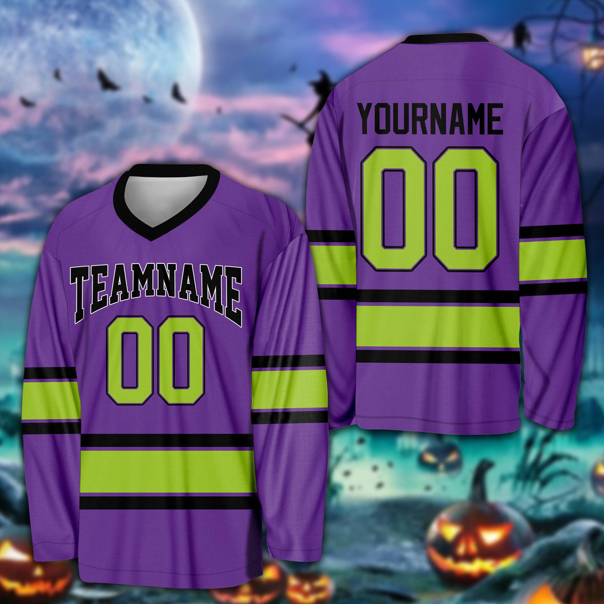 Purple personalized hockey jersey featuring Halloween stripes, front view