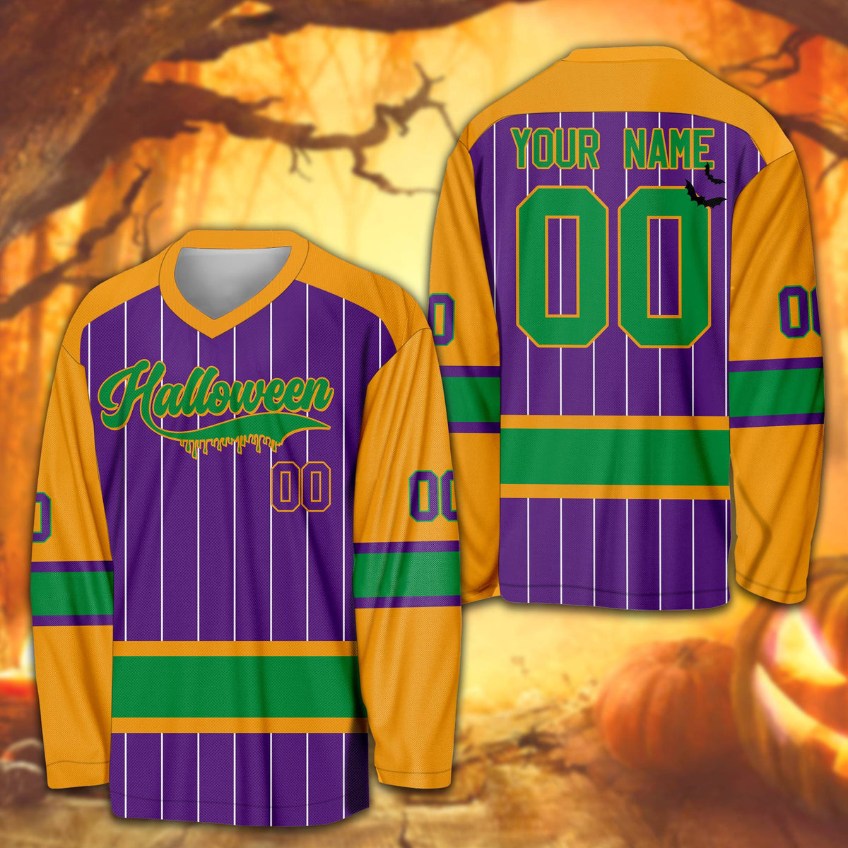 Purple Halloween personalized hockey jersey front view