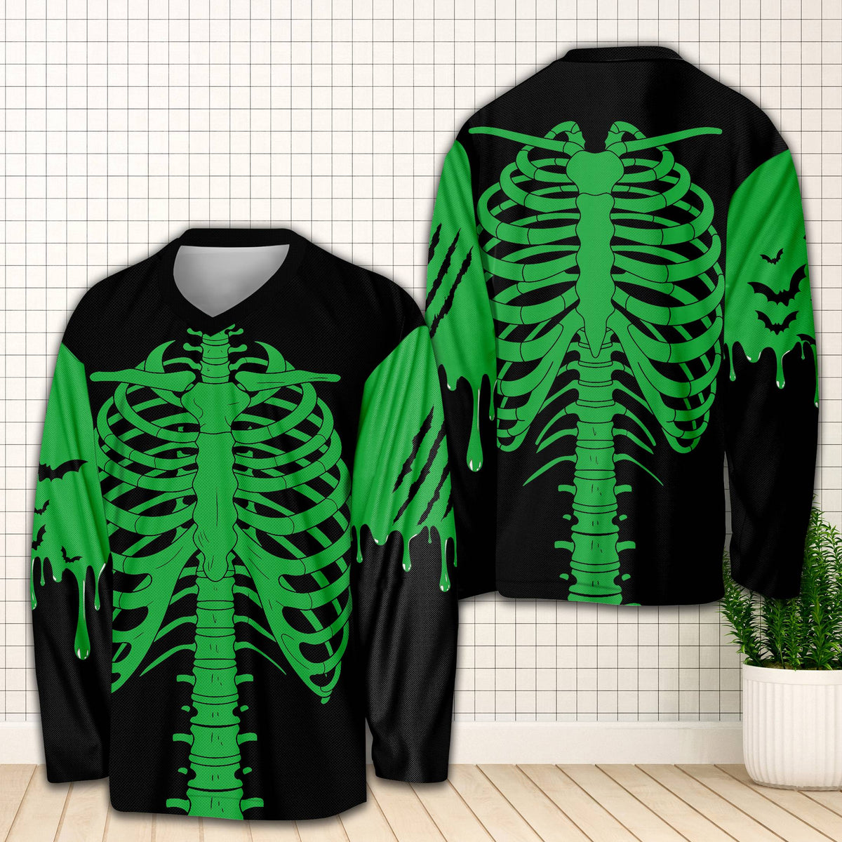 Halloween skeleton hockey jersey featuring a neon green ribcage on a black background, front view