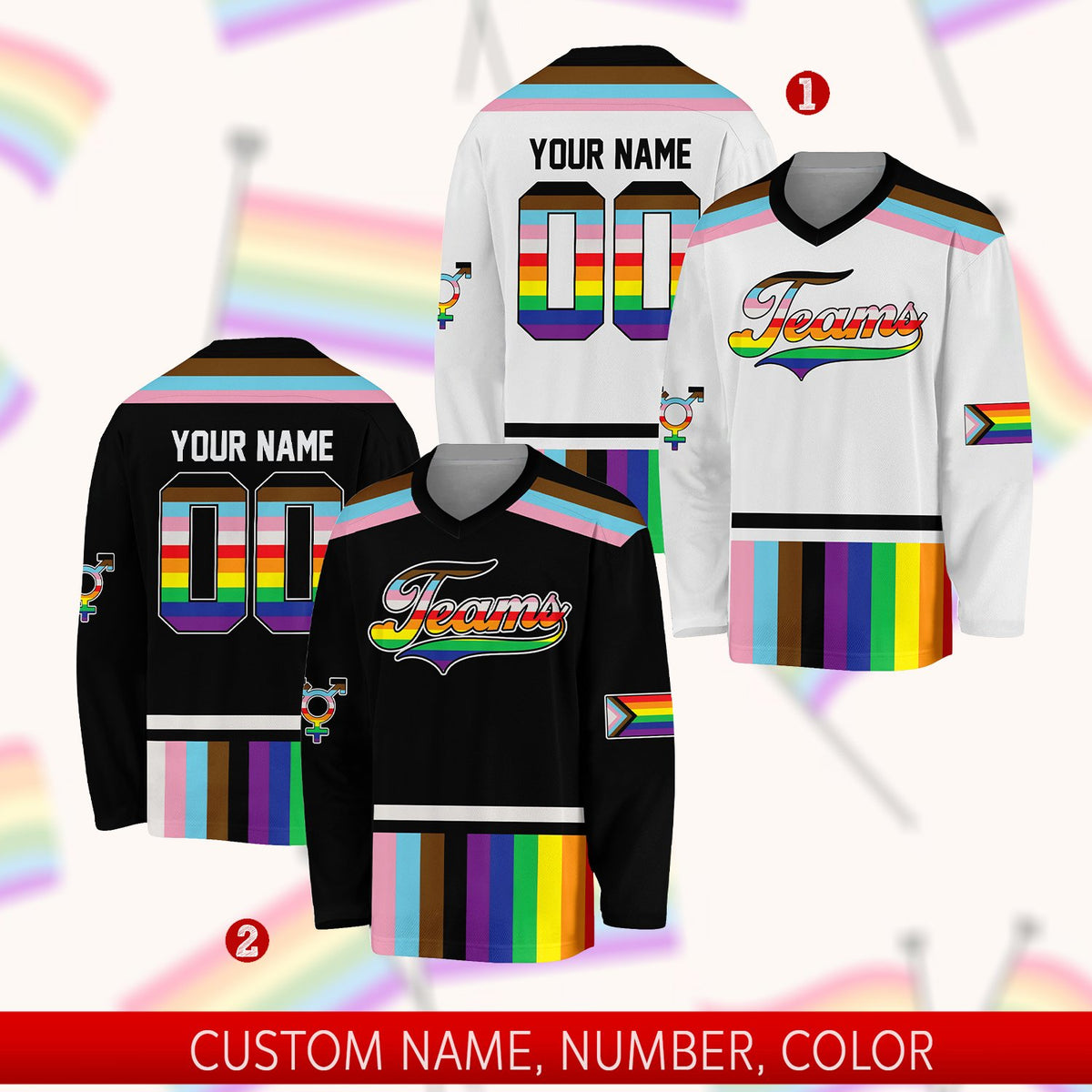 Front detail view 2 of white lgbtq+ pride hockey jersey