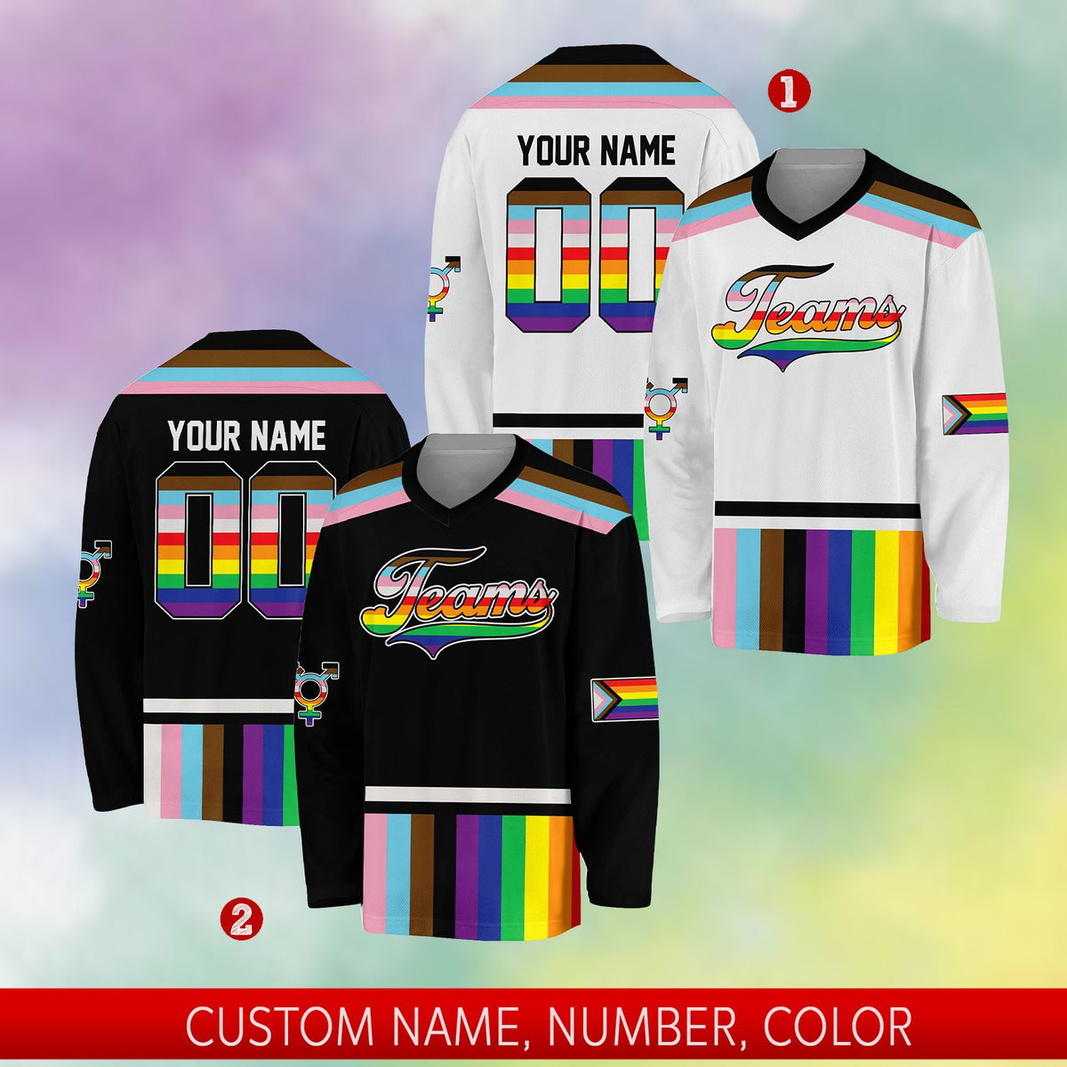 Front detail view 3 of white lgbtq+ pride hockey jersey